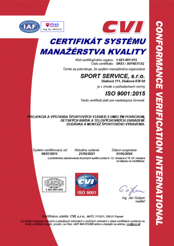 Certifikát systému manažérstva kvality ISO 9001:2015
