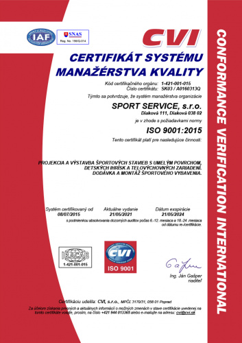 Certifikát systému manažérstva kvality ISO 9001:2015 Certifikát systému manažérstva kvality ISO 9001:2015