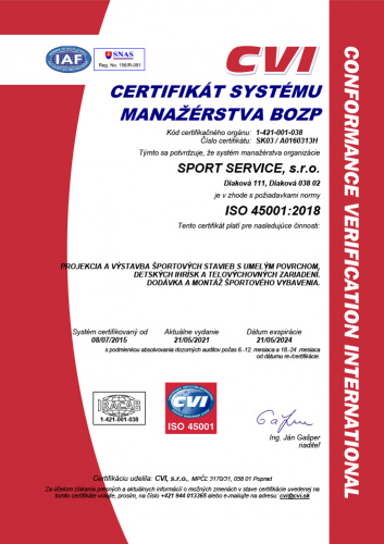 Certifikát systému manažérstva BOZP ISO 45001:2018 Certifikát systému manažérstva BOZP ISO 45001:2018