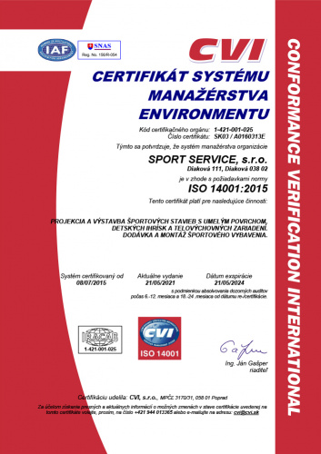Certifikát systému manažérstva environmentu ISO 14001:2015